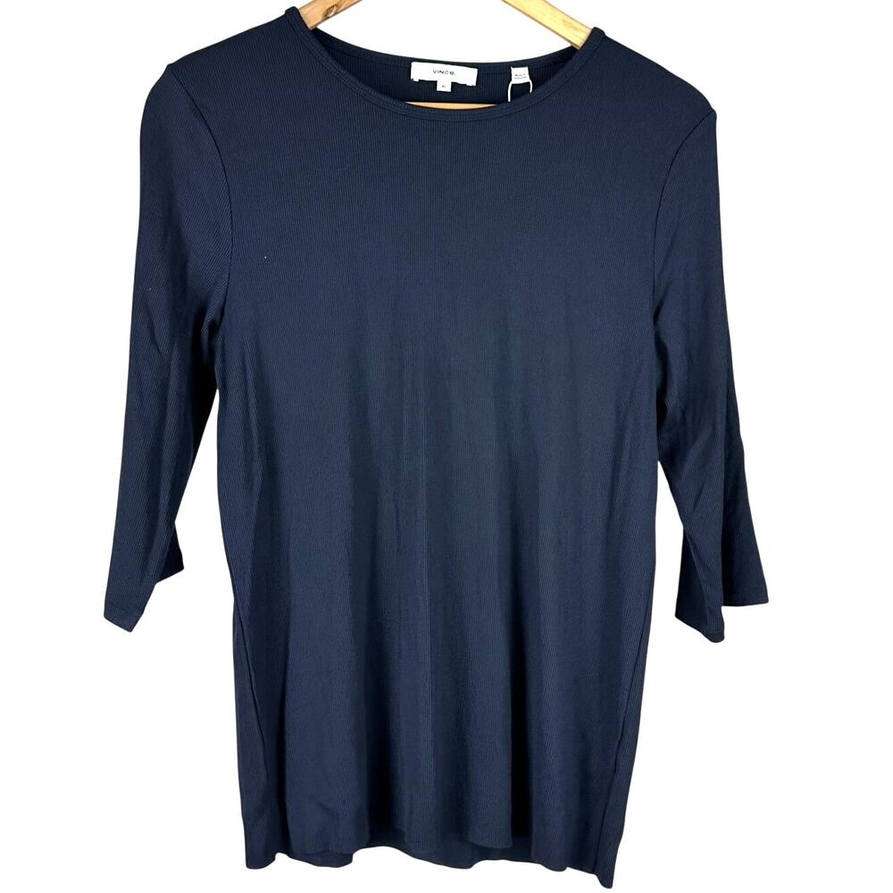 Vince Fine Ribbed Half Sleeve Top Navy Blue Women's Size X-Large New With Tags